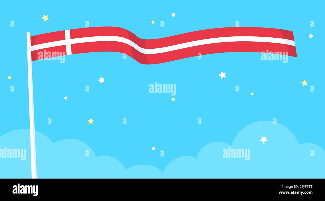 Bandiera di Danimarca che sventola nel cielo. Cartoon semplice bandiera danese e stelle su sfondo blu, modello banner. Illustrazione vettoriale. Illustrazione Vettoriale