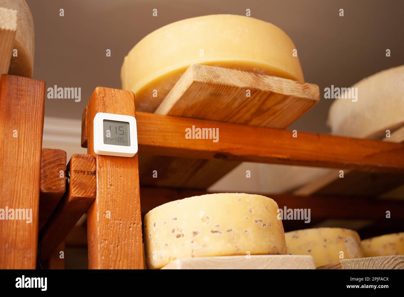 Umidità in cantina, misurazione del livello di umidità, maturazione del formaggio nel seminterrato, attività, produzione domestica. Foto Stock