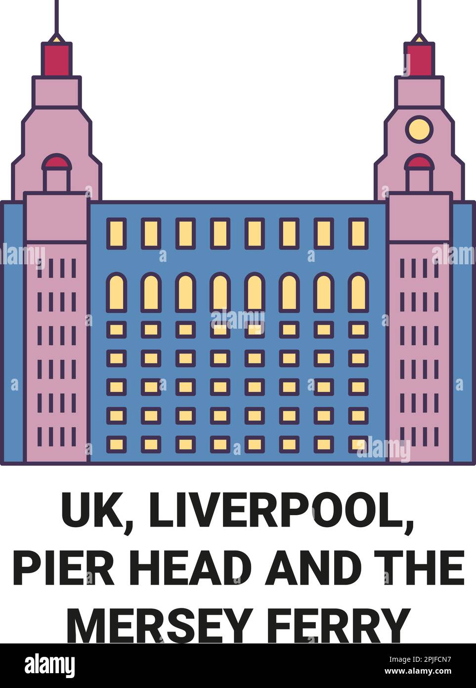 Inghilterra, Liverpool, Pier Head e il traghetto Mersey viaggio figura vettore punto di riferimento Illustrazione Vettoriale