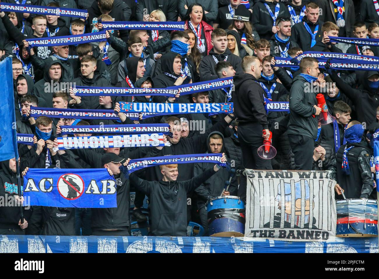 Union Bears, tifosi della squadra di calcio Rangers, Ibrox, Glasgow, Scozia, Regno Unito Foto Stock