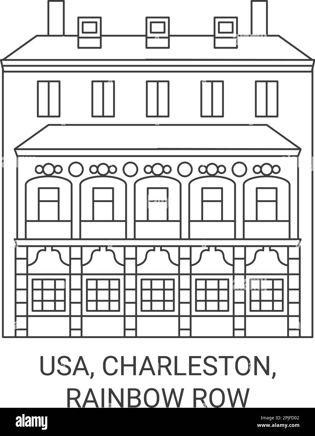 USA, Charleston, Rainbow Row viaggio disegno vettore punto di riferimento Illustrazione Vettoriale