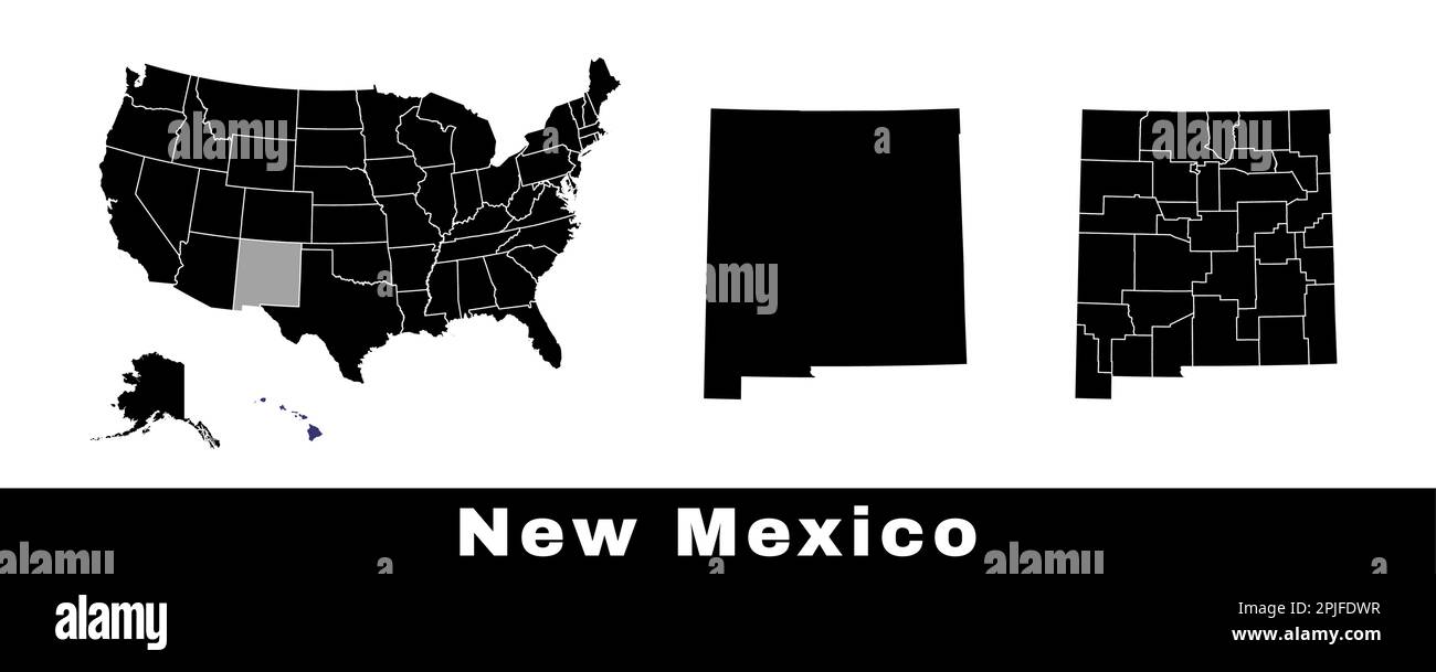 Mappa dello stato del New Mexico, Stati Uniti. Serie di mappe del New Mexico con contorno del confine, delle contee e della mappa degli stati degli Stati Uniti. Illustrazione vettoriale in bianco e nero. Illustrazione Vettoriale