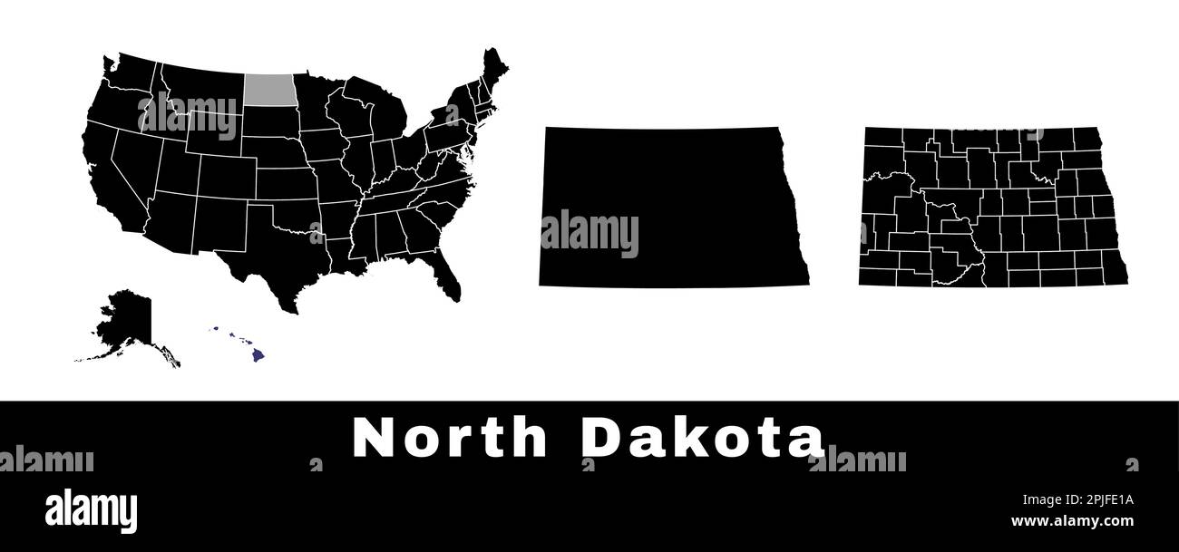 Mappa dello stato del North Dakota, Stati Uniti. Serie di mappe del North Dakota con contorno del confine, contee e mappa degli stati degli Stati Uniti. Illustrazione vettoriale in bianco e nero. Illustrazione Vettoriale