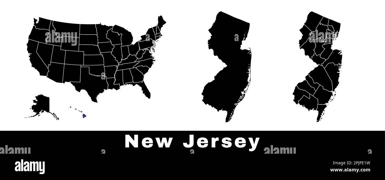 Mappa dello stato del New Jersey, Stati Uniti. Serie di mappe del New Jersey con contorno del confine, contee e mappa degli stati Uniti. Illustrazione vettoriale in bianco e nero. Illustrazione Vettoriale