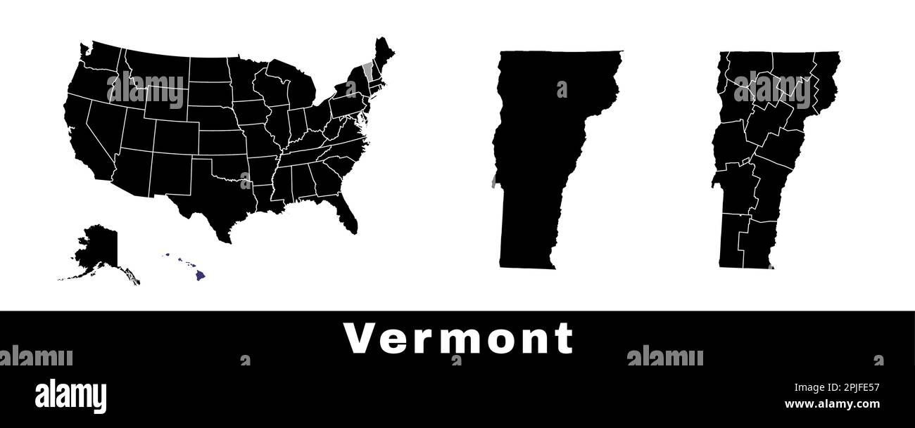 Mappa dello stato del Vermont, Stati Uniti. Serie di mappe del Vermont con contorno, contee e mappa degli stati degli Stati Uniti. Illustrazione vettoriale in bianco e nero. Illustrazione Vettoriale