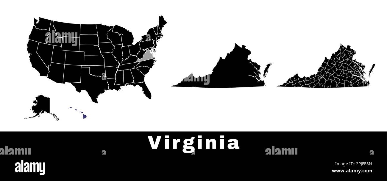 Mappa dello stato della Virginia, Stati Uniti. Serie di mappe della Virginia con contorno, contee e mappa degli stati degli Stati Uniti. Illustrazione vettoriale in bianco e nero. Illustrazione Vettoriale