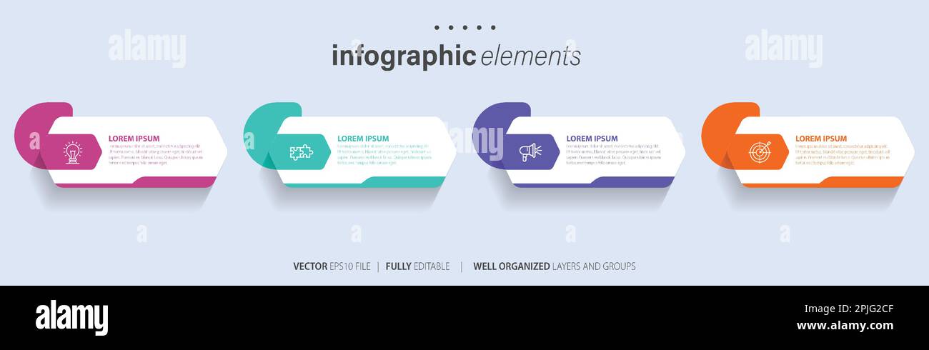 Modello di disegno di etichetta infografica vettoriale con icone e 4 opzioni o passi. Può essere utilizzato per diagrammi di processo, presentazioni, layout del flusso di lavoro e banner Illustrazione Vettoriale