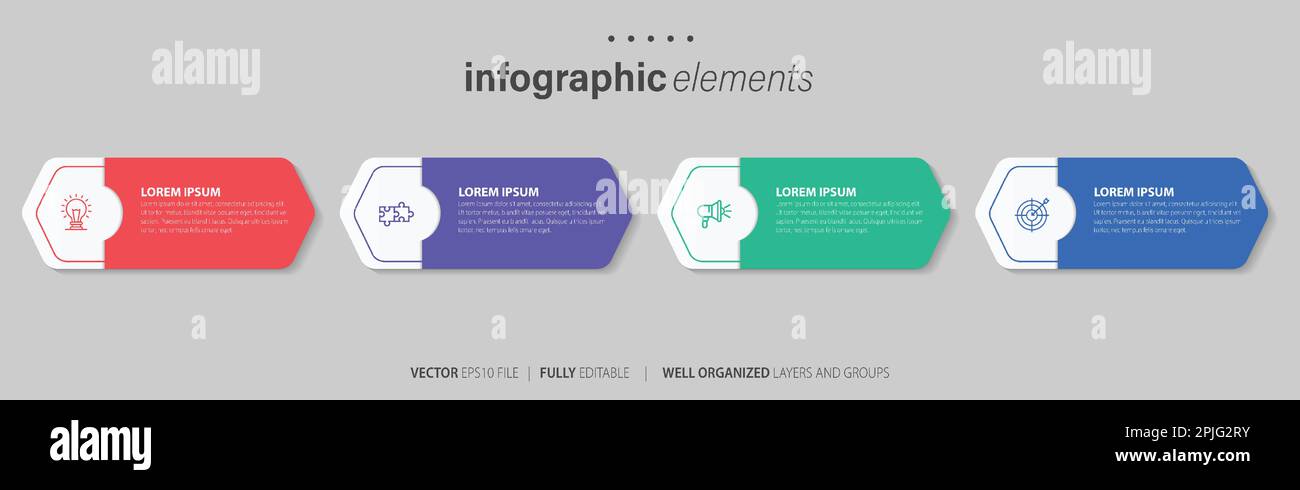 Modello di disegno di etichetta infografica vettoriale con icone e 4 opzioni o passi. Può essere utilizzato per diagrammi di processo, presentazioni, layout del flusso di lavoro e banner Illustrazione Vettoriale