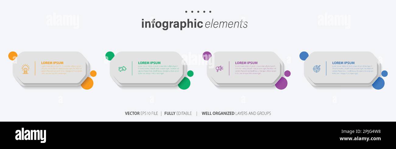 Progettazione di modelli di elementi infografici aziendali con icone e 4 opzioni o passaggi. Illustrazione vettoriale. Illustrazione Vettoriale