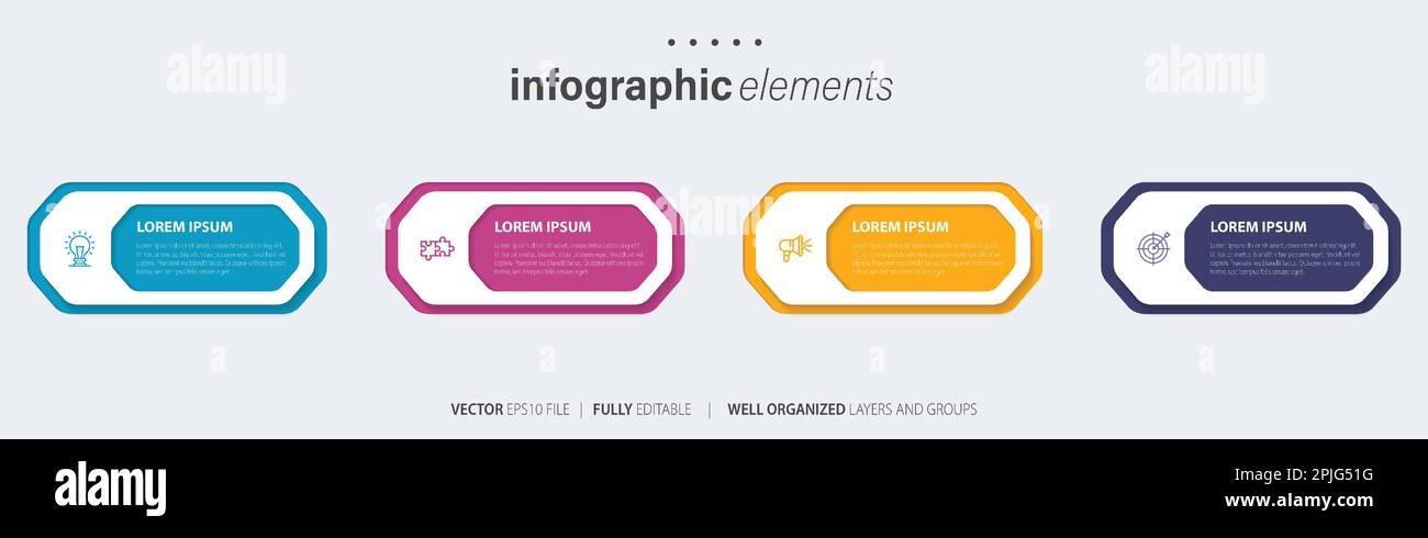 Progettazione di modelli di elementi infografici aziendali con icone e 4 opzioni o passaggi. Illustrazione vettoriale. Illustrazione Vettoriale