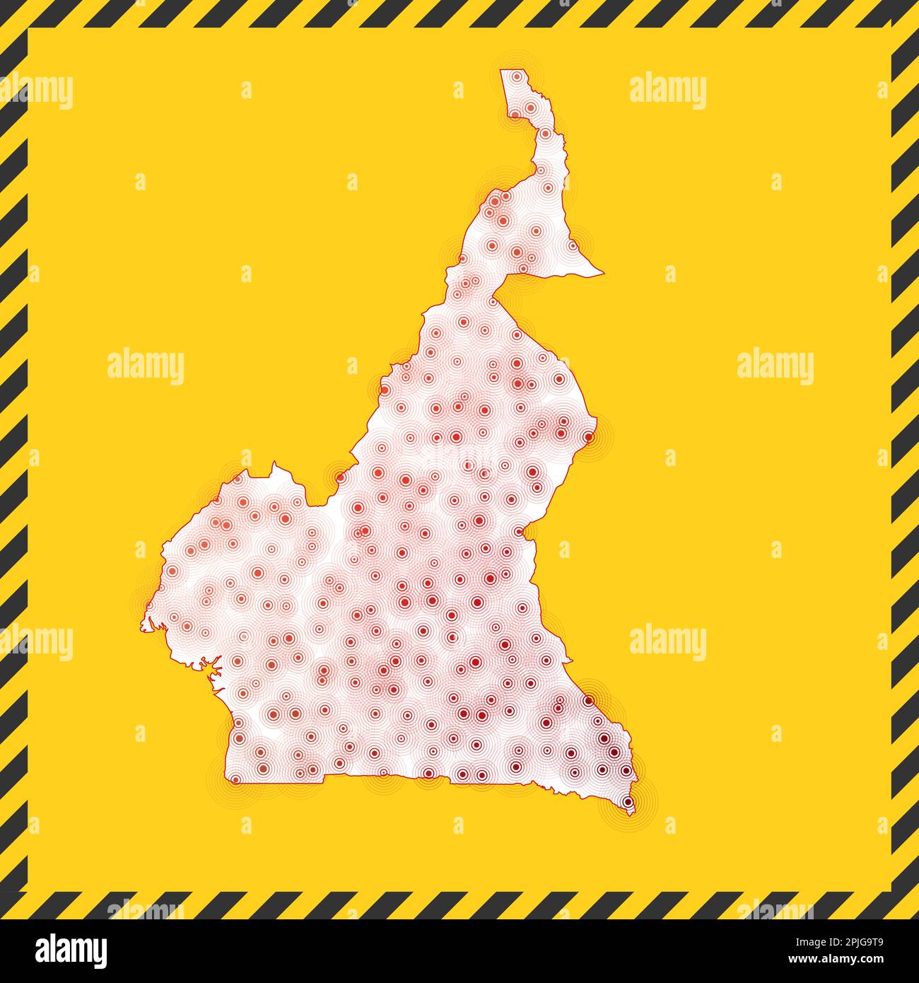 Camerun chiuso - segnale di pericolo del virus. Icona del paese di blocco. Bordo a strisce nere intorno alla mappa con il concetto di diffusione del virus. Illustrazione vettoriale. Illustrazione Vettoriale