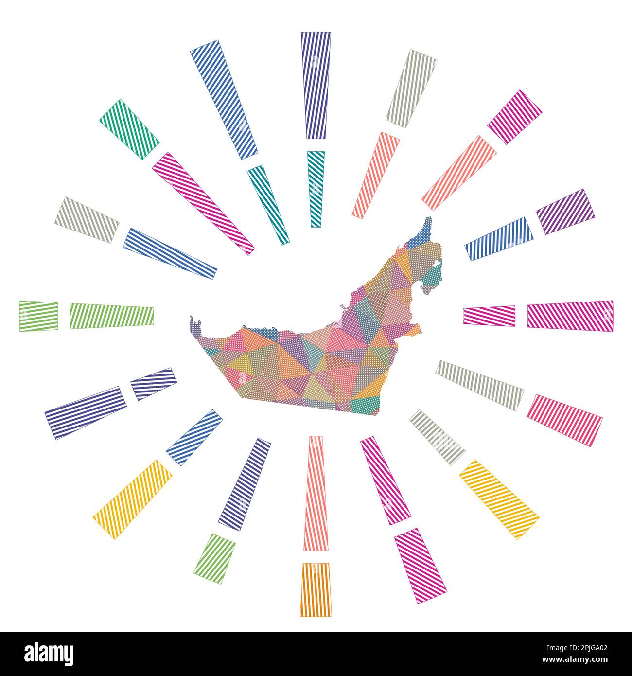 Il sole degli Emirati Arabi Uniti. Raggi a strisce di polietilene e mappa del paese. Affascinante illustrazione vettoriale. Illustrazione Vettoriale