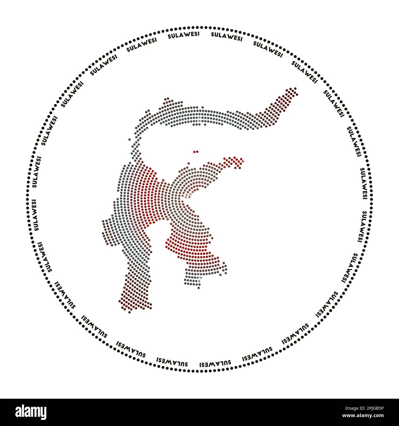 Logo tondo Sulawesi. Forma digitale di Sulawesi in cerchio punteggiato con il nome dell'isola. Icona tecnologica dell'isola con punti sfumati. Illustrazione Vettoriale