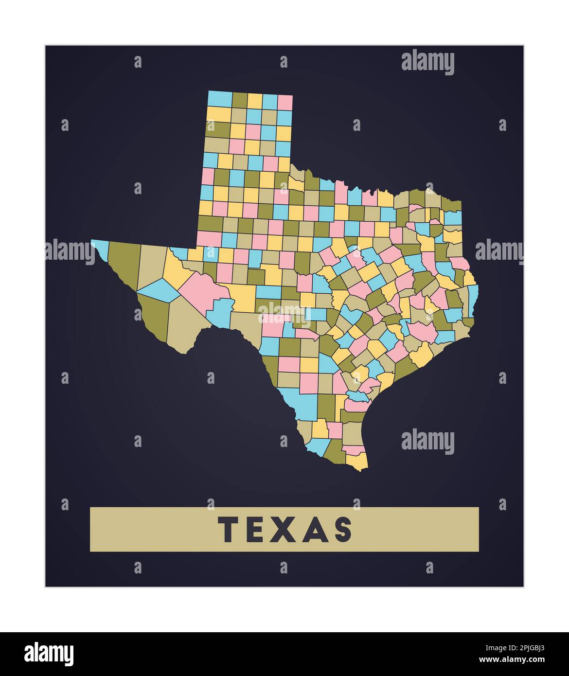 Mappa del Texas. Poster dello stato DEGLI STATI UNITI con le regioni. Forma del Texas con il nome dello stato degli Stati Uniti. Illustrazione vettoriale VIBRANT. Illustrazione Vettoriale