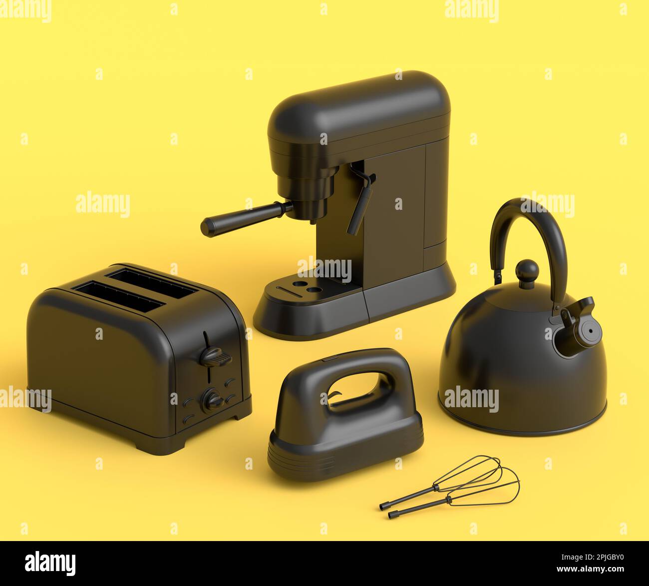 Macchina per caffè espresso, mixer manuale, bollitore e tostapane per preparare la colazione su sfondo monocromatico. 3d rendita di caffettiera per la preparazione di latte cof Foto Stock