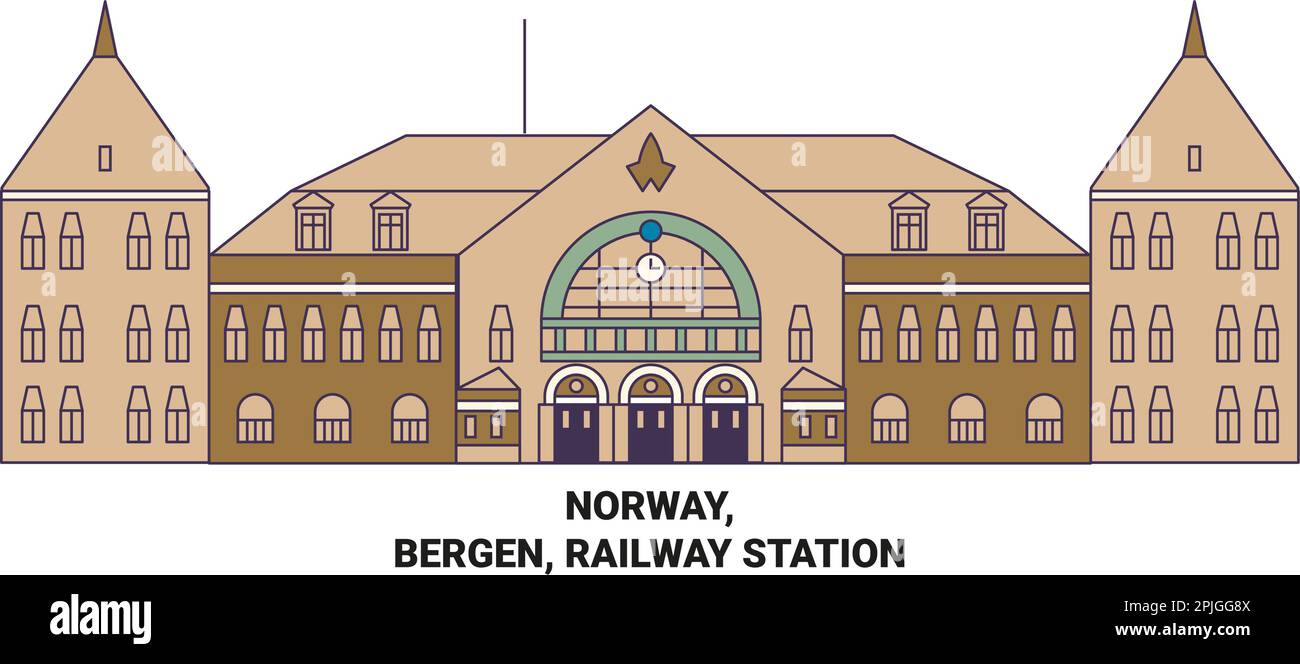 Norvegia, Bergen, Stazione ferroviaria viaggio punto di riferimento vettoriale illustrazione Illustrazione Vettoriale