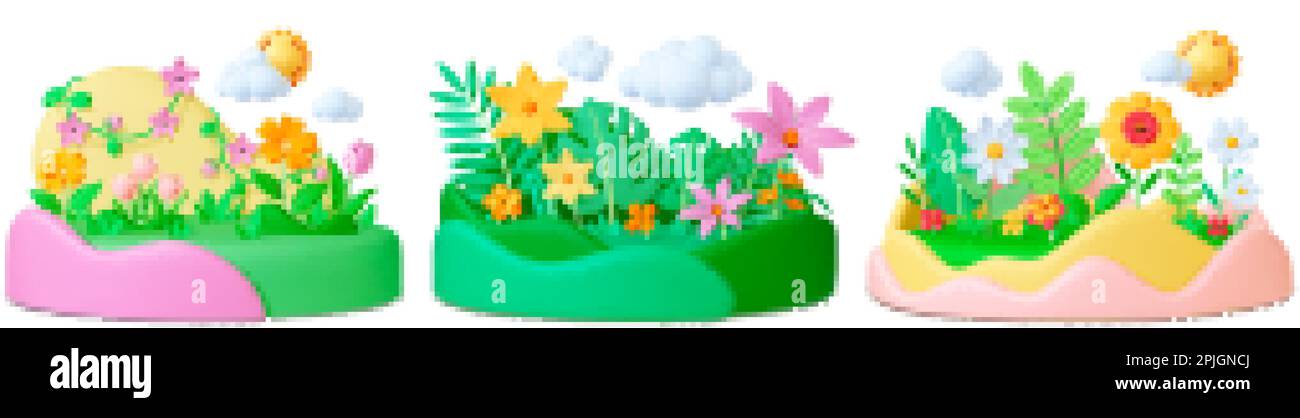 Fiore 3D sul podio. Fiori mazzi o prato rendono composizione. Paesaggio realistiche elementi di plastilina, floreali e foglie pithy vettore set Illustrazione Vettoriale