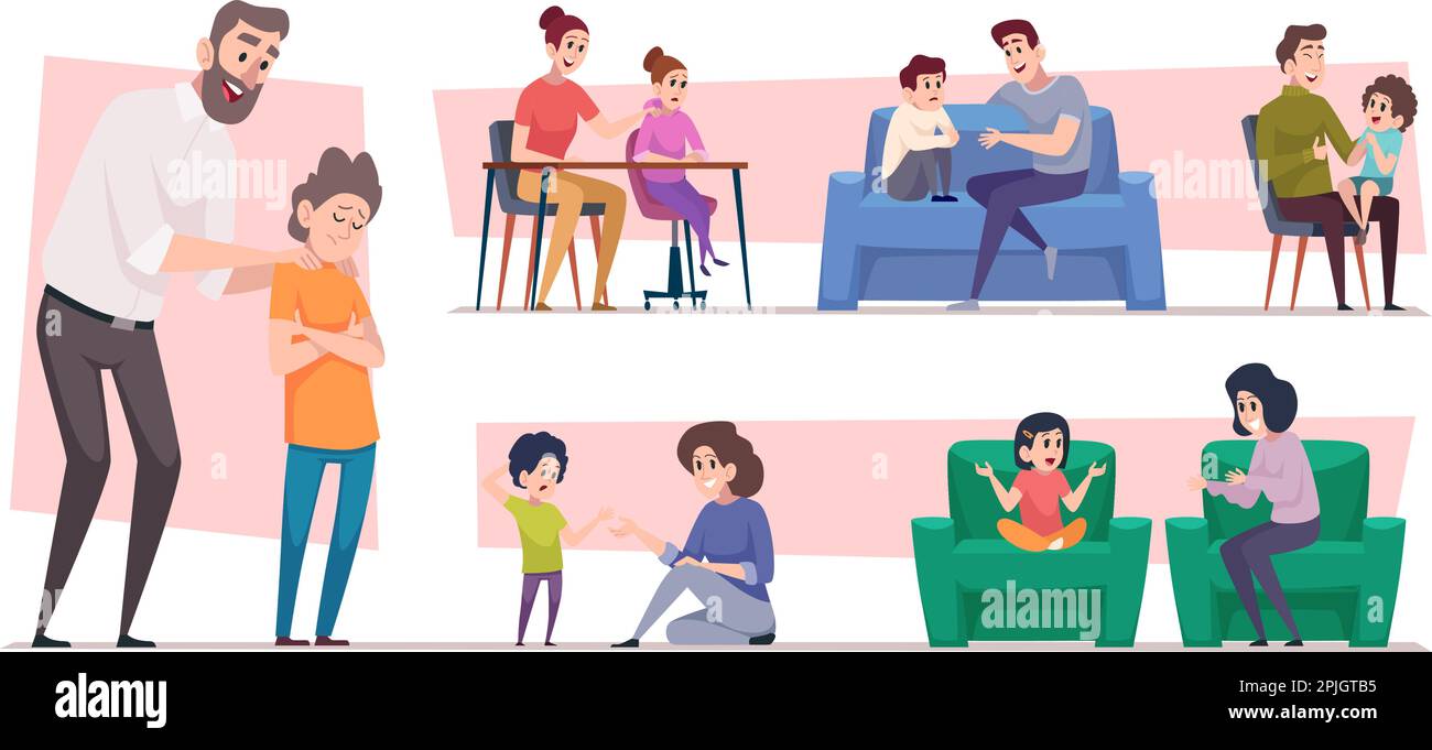 Dialogo ragazzi. La famiglia parla madre e padre parlando con i bambini caratteri vettoriali esatti Illustrazione Vettoriale