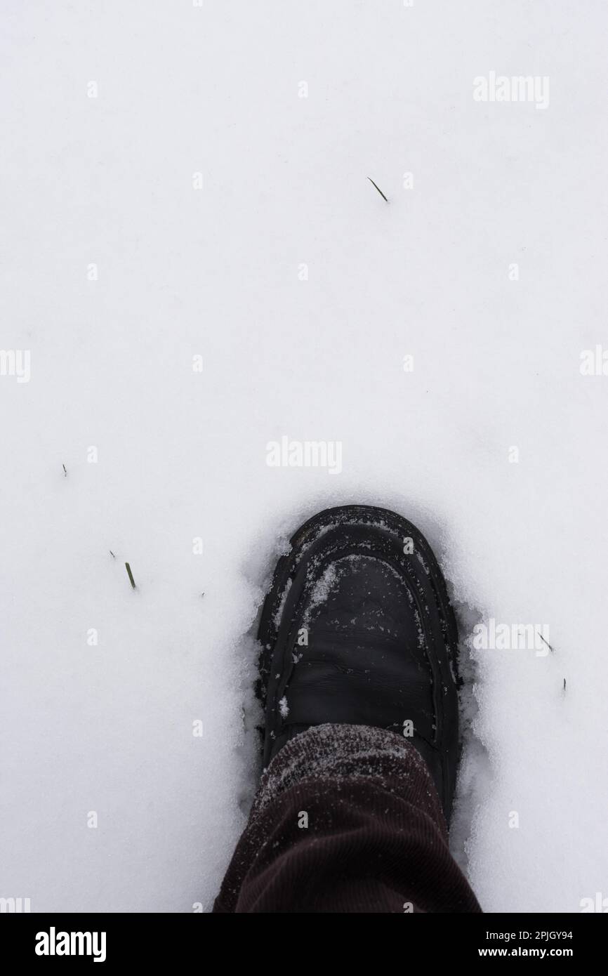 piede maschio che entra nella neve fresca dal punto di vista personale Foto Stock