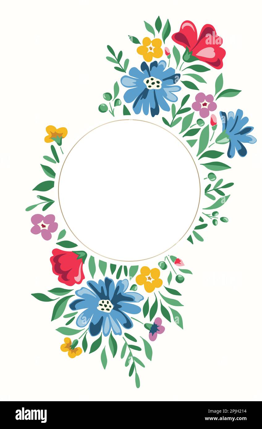 Colorful Chintz Romantic Meadow Wildflowers Vector Round Frame Illustrazione Vettoriale