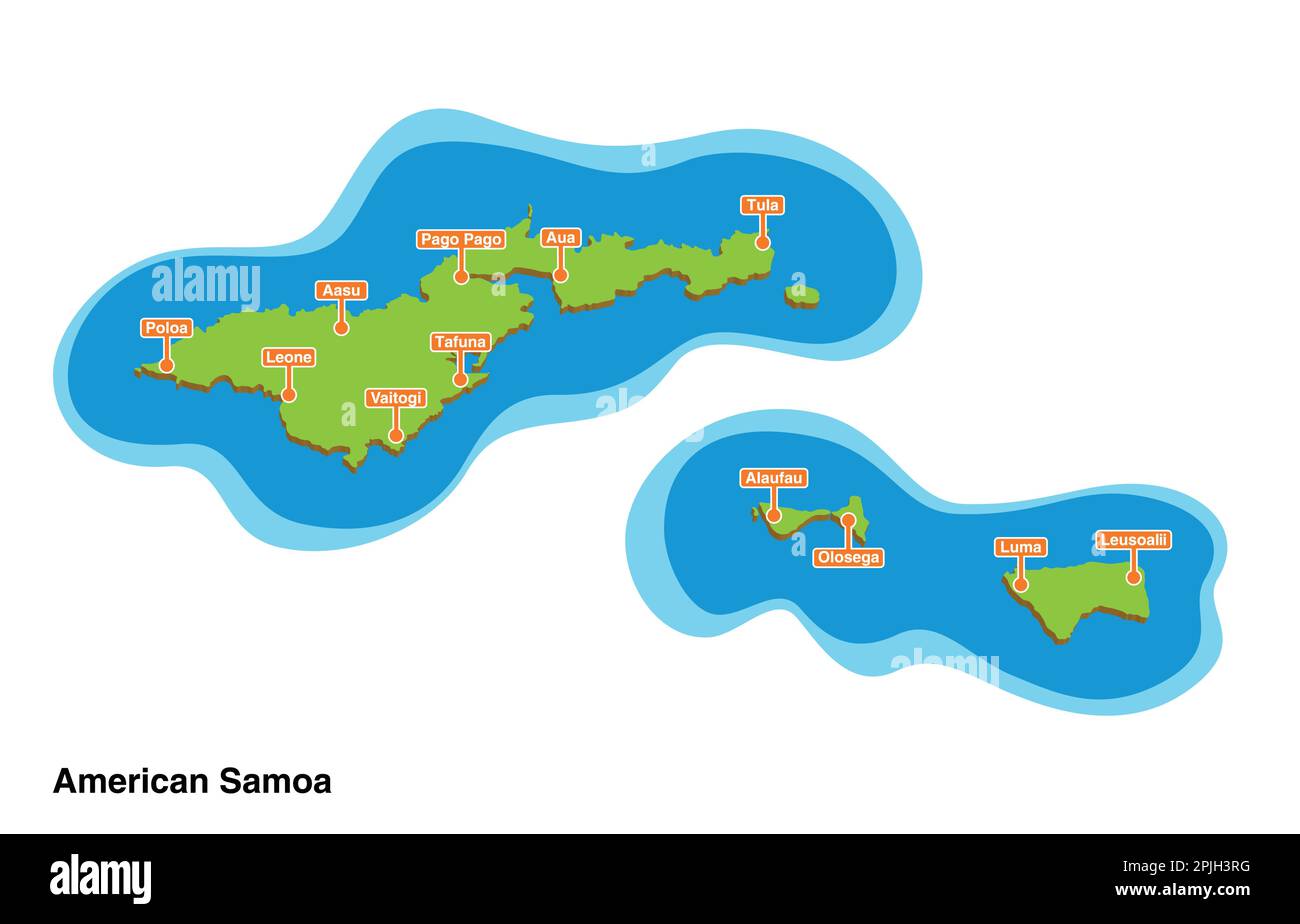 3D vettore illustrato colorata mappa turistica delle isole Samoa Americane con città e villaggi Illustrazione Vettoriale