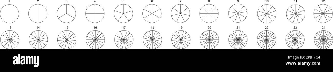 Modelli di grafici a ciambella o a torta. Il cerchio si divide in parti uguali da 2 a 24. Forme rotonde tagliate a fette. Serie di schemi delle ruote con settori isolati su sfondo bianco. Illustrazione del contorno vettoriale Illustrazione Vettoriale