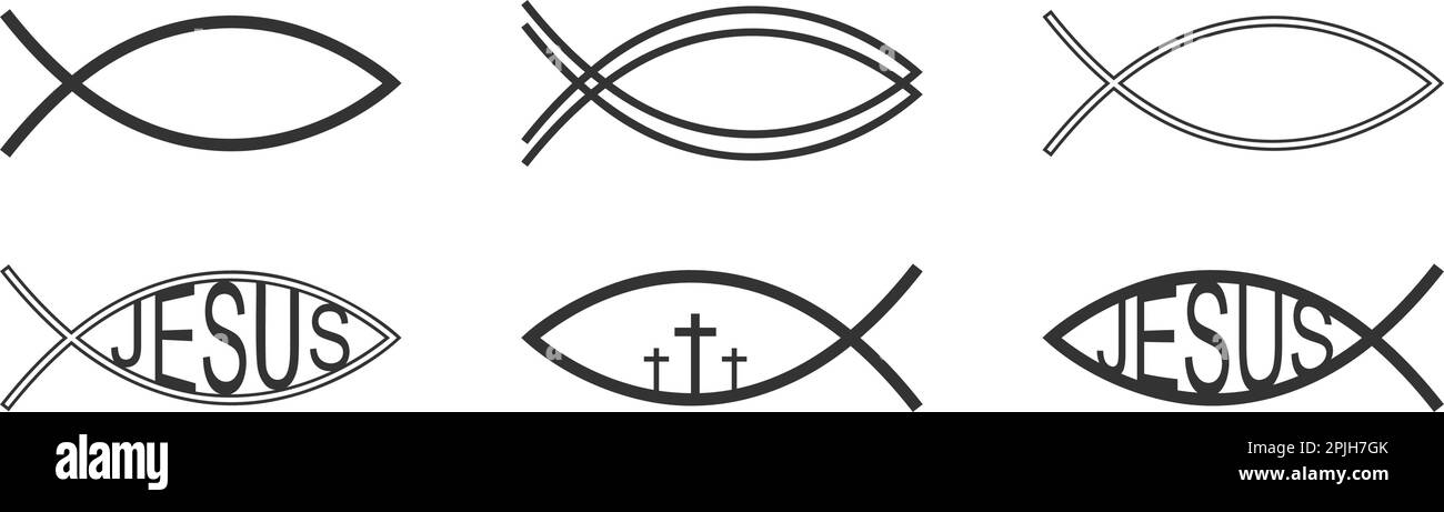 Serie di icone Ichthys. Gesù pesce segni. Simboli di religione cristiana. Emblemi popolari per i bamper auto, adesivi, collane o pendenti isolati su sfondo bianco. Illustrazione grafica vettoriale Illustrazione Vettoriale