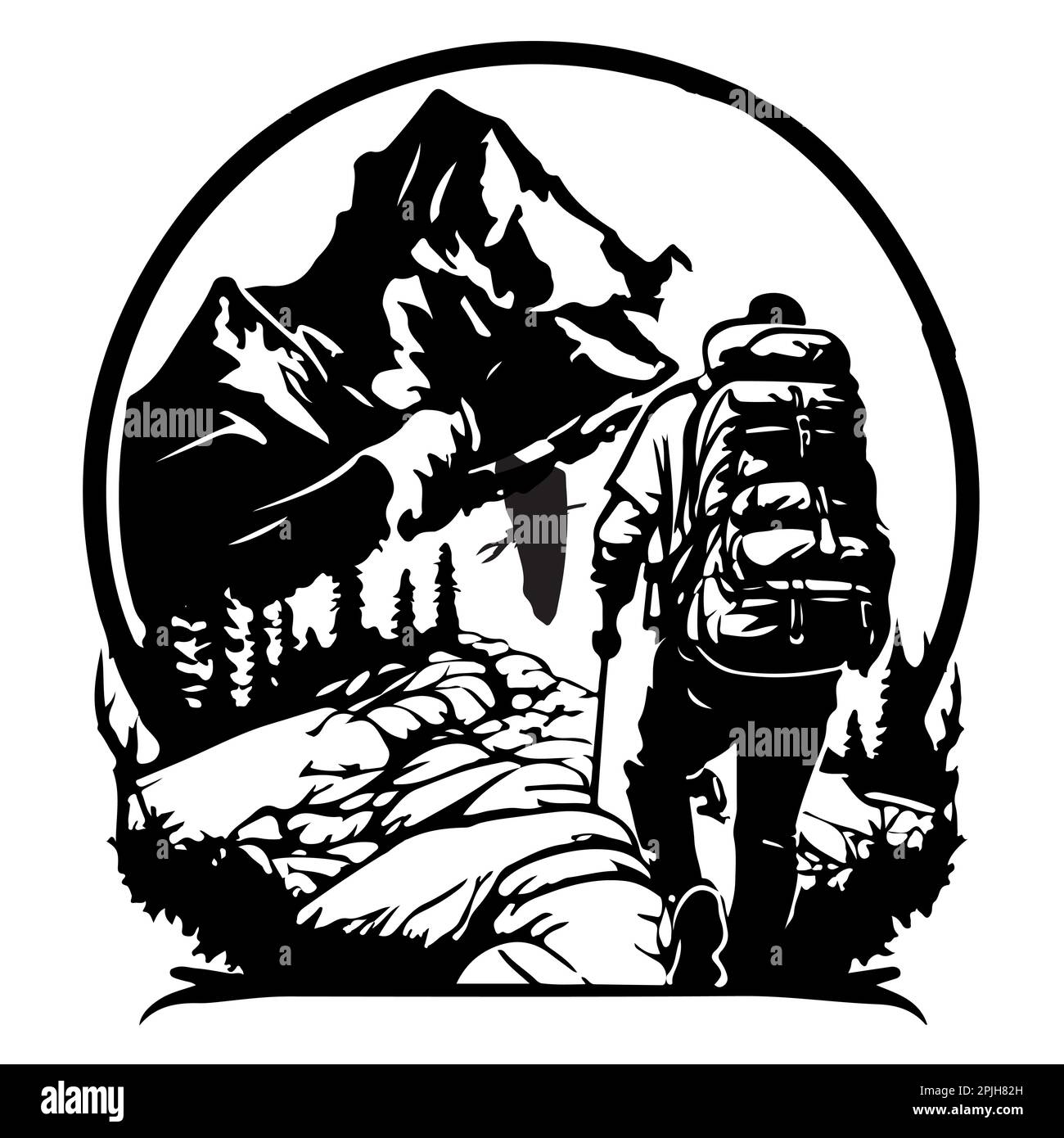 Illustrazione vettoriale Silhouette di un alpinista isolato su sfondo bianco Illustrazione Vettoriale