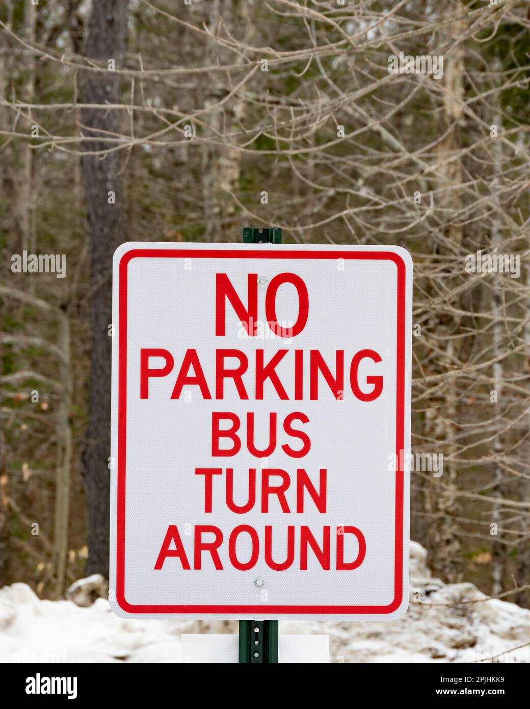 Un cartello rosso e bianco per non parcheggiare l'autobus girare intorno alla fine di una strada in Speculator, NY USA nella foresta Foto Stock
