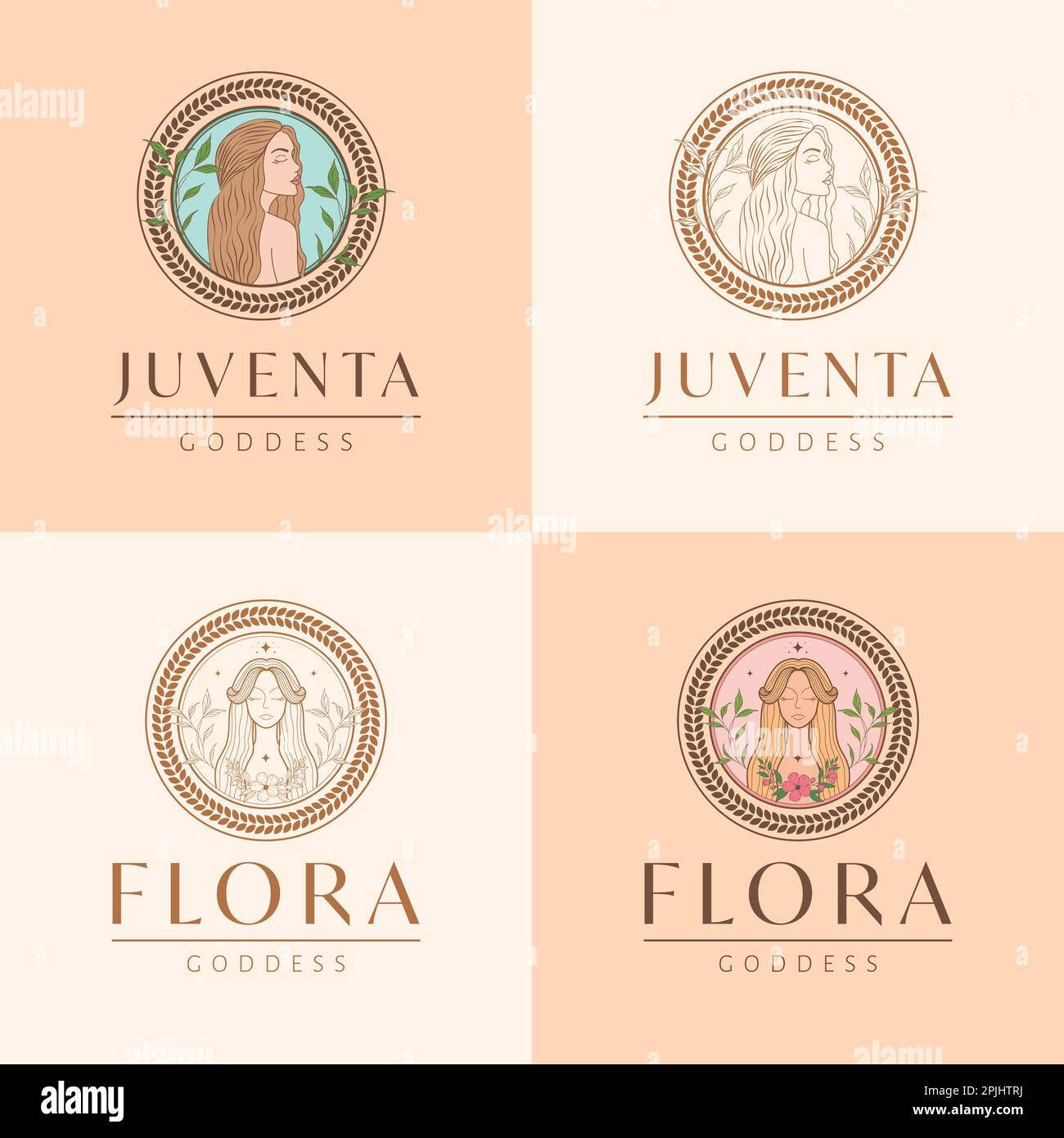 Insieme di emblemi Juventas e Flora. Bella illustrazione vettore dea, logo design. Set antico logo donna. Illustrazione Vettoriale