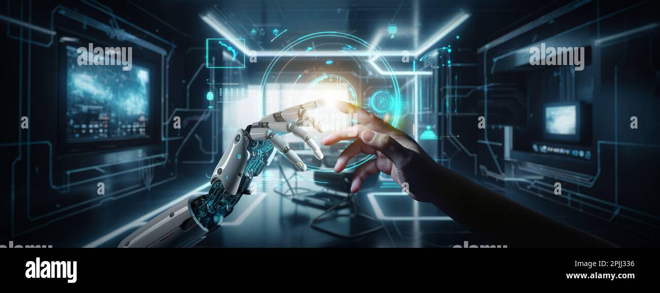Mano del robot e mano umana che si toccano. Concetto di deep learning automatico su reti di big data. Foto Stock