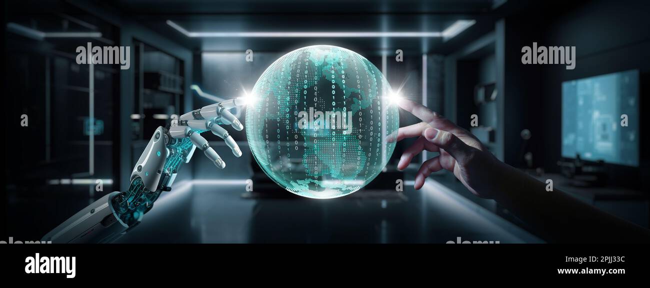 Mano del robot e mano umana che toccano la terra digitale virtuale insieme. La globalizzazione dell'intelligenza artificiale condivide il concetto di Big Data Together. Foto Stock