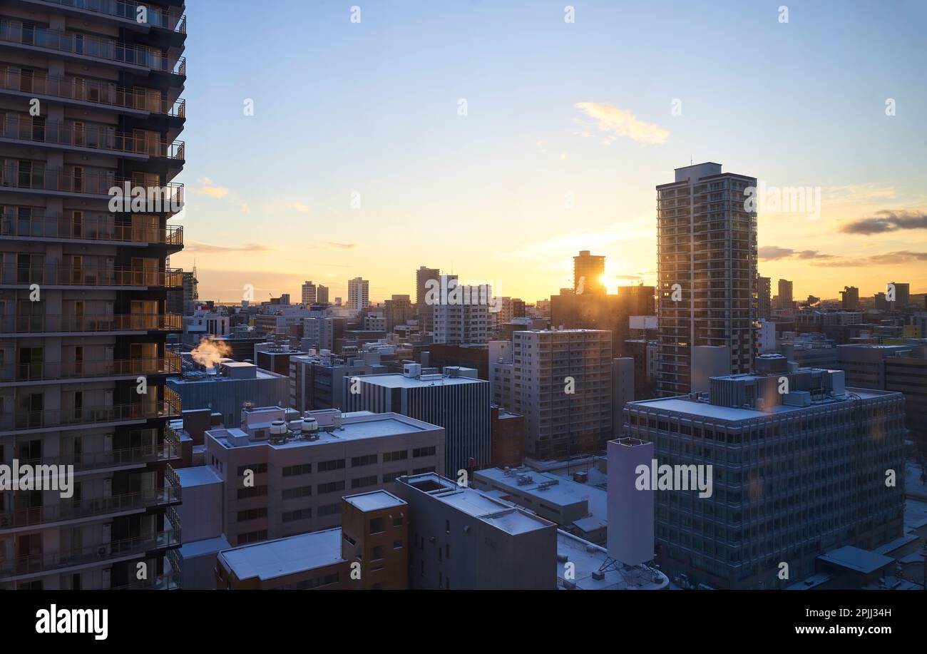 Veduta aerea dell'alba del paesaggio urbano di Sapporo, Hokkaido, Giappone Foto Stock