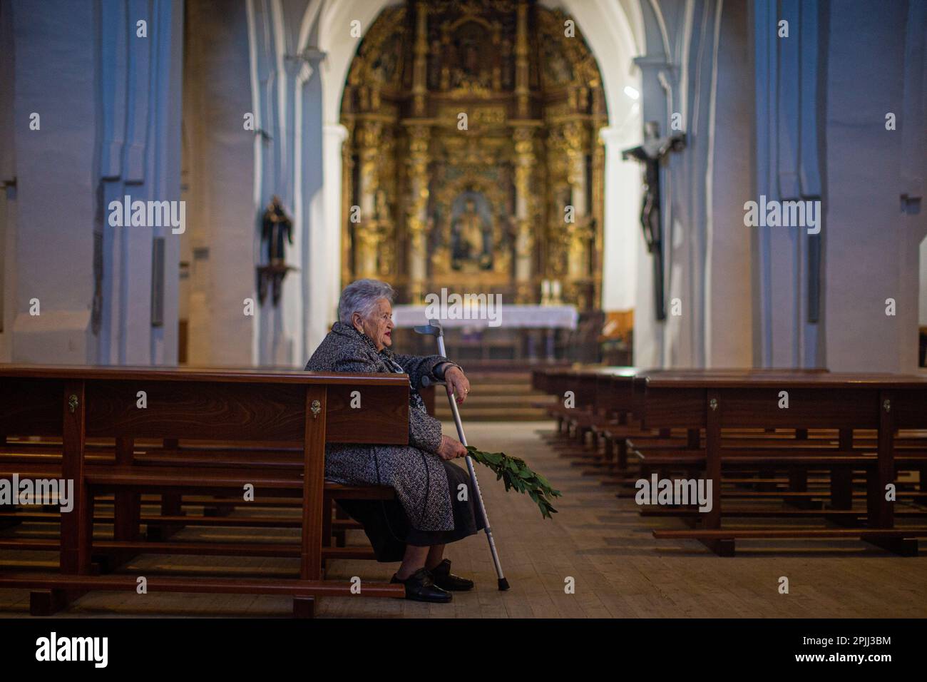 All'interno della chiesa di San Lorenzo a Sahagún si trova una donna che tiene un ramo di alloro. La processione delle Palme rappresenta il passaggio di Gesù al suo trionfante ingresso a Gerusalemme. La processione ha girato le strade della città accompagnata da fedeli con bouquet e la band sinfonica della città. (Foto di Luis Soto/SOPA Images/Sipa USA) Credit: Sipa USA/Alamy Live News Foto Stock