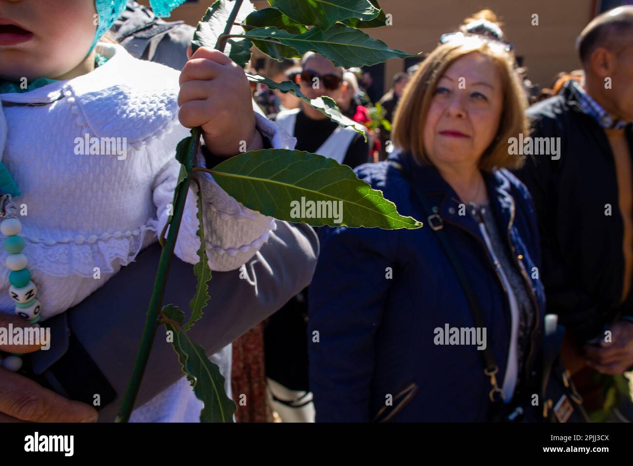 Una ragazza tiene un ramo di alloro fuori dalla chiesa di San Lorenzo durante la benedizione dei rami da parte del parroco. La processione delle Palme rappresenta il passaggio di Gesù al suo trionfante ingresso a Gerusalemme. La processione ha girato le strade della città accompagnata da fedeli con bouquet e la band sinfonica della città. (Foto di Luis Soto/SOPA Images/Sipa USA) Credit: Sipa USA/Alamy Live News Foto Stock