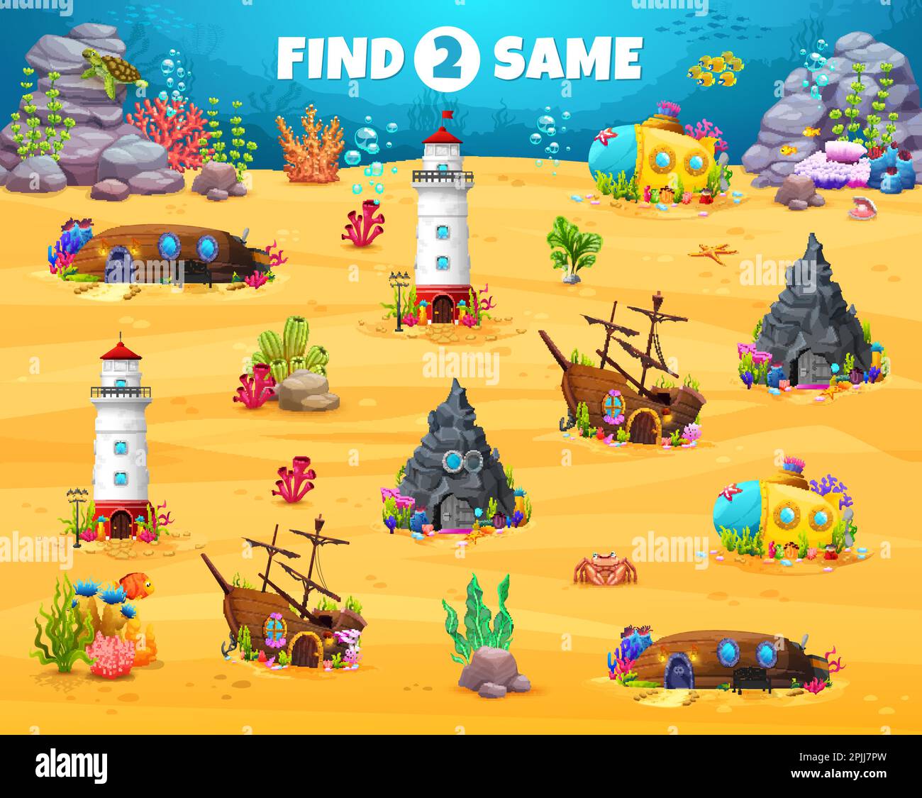 Trova due stessi fumetti subacquei edifici fiabesca gioco puzzle quiz bambini. Foglio di lavoro vettoriale di Under Water World City gioco di corrispondenza con nave fantasy Illustrazione Vettoriale