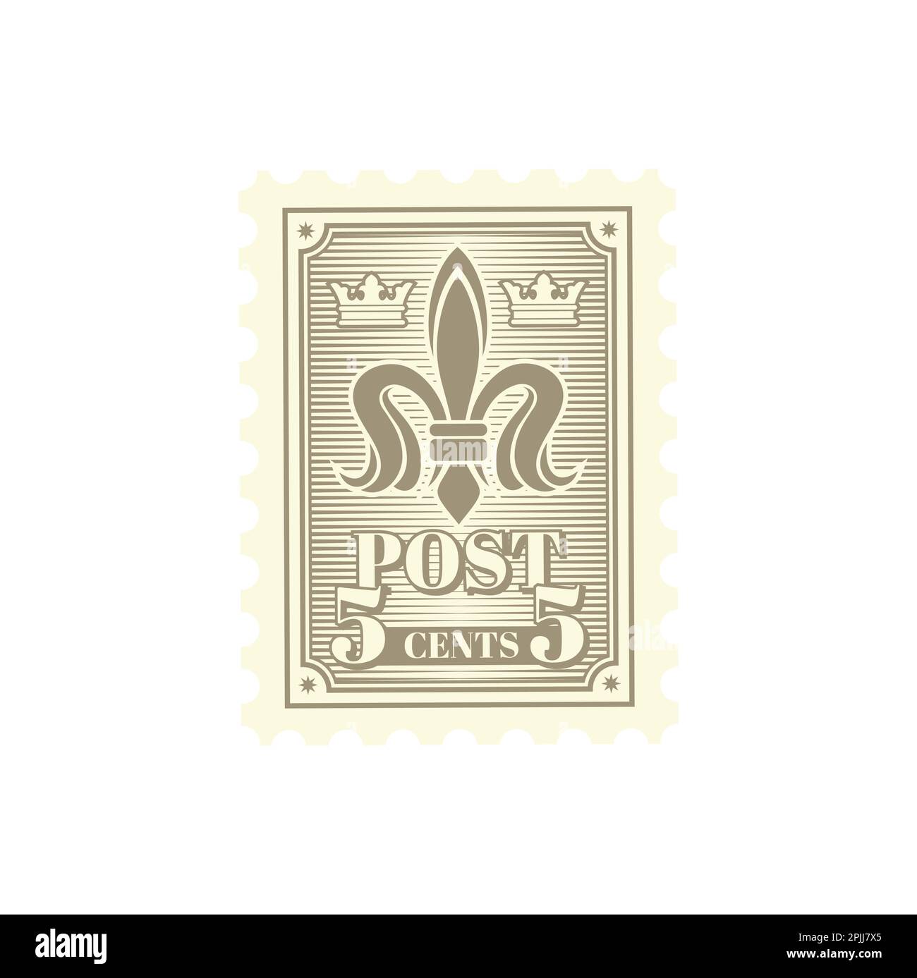 Cartolina antica, francobollo retrò e posta vintage con giglio di araldica. Etichetta postale retrospettiva, timbro postale o timbro postale. Busta posta perfo Illustrazione Vettoriale