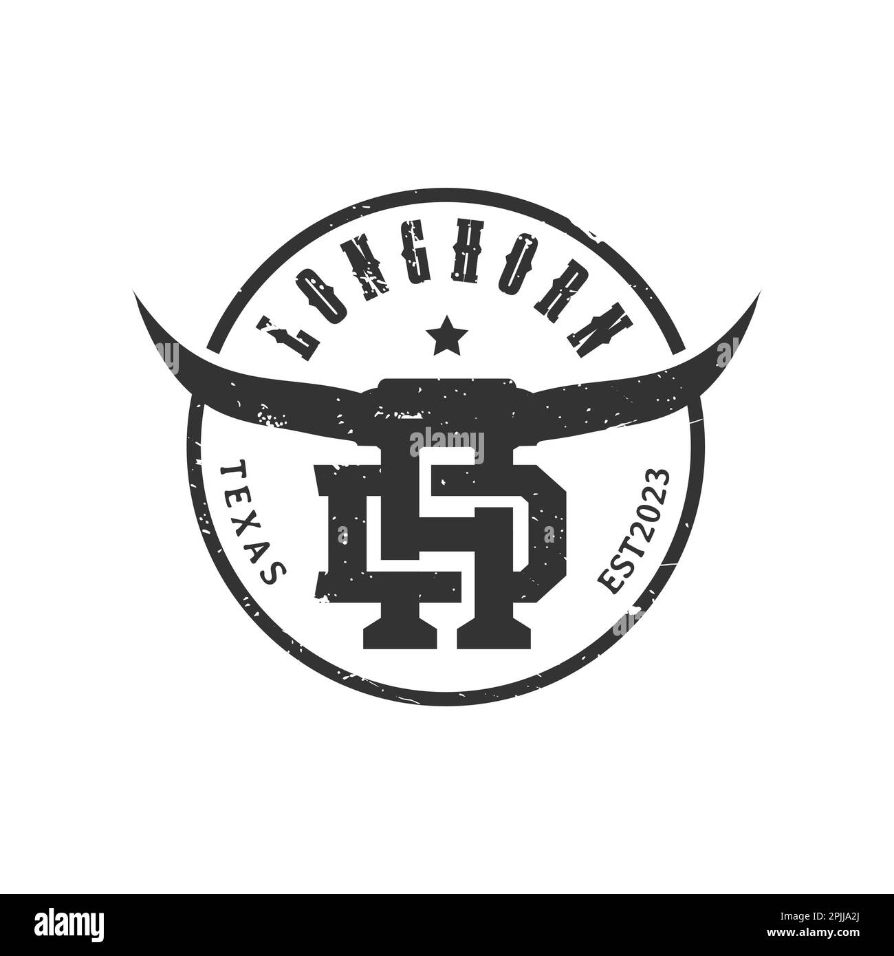 Buffalo Head Horn logo design etichetta vettoriale, toro, mucca, Texas vintage ristorante longhorn logo. Lettera D.H. Logo azienda agricola vintage Illustrazione Vettoriale