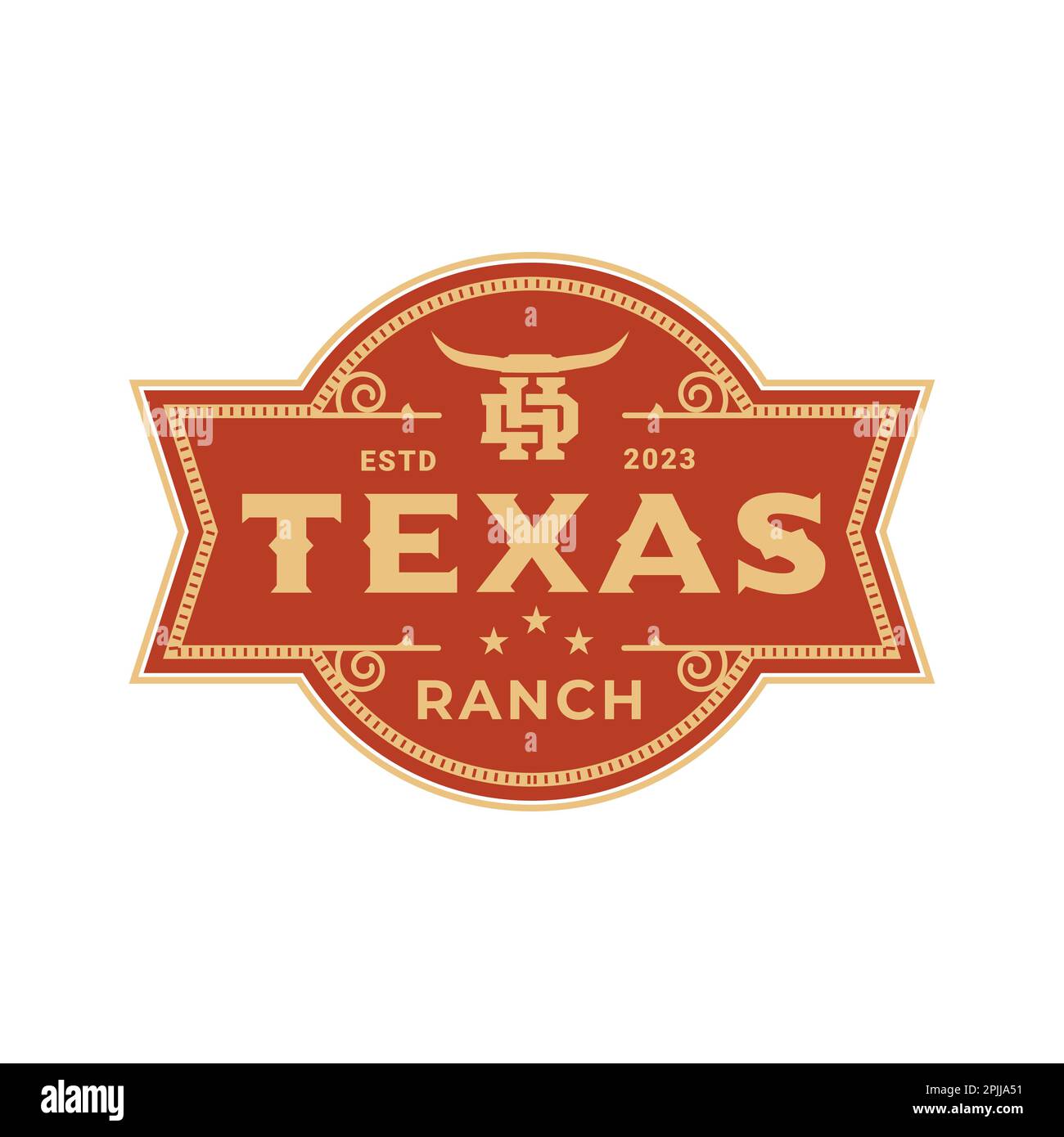 Famiglia vintage retro Ranch Texas Longhorn, Western state Bull Cow. Stemma lettera D,H Vintage Label con logo, Vector Illustrazione Vettoriale