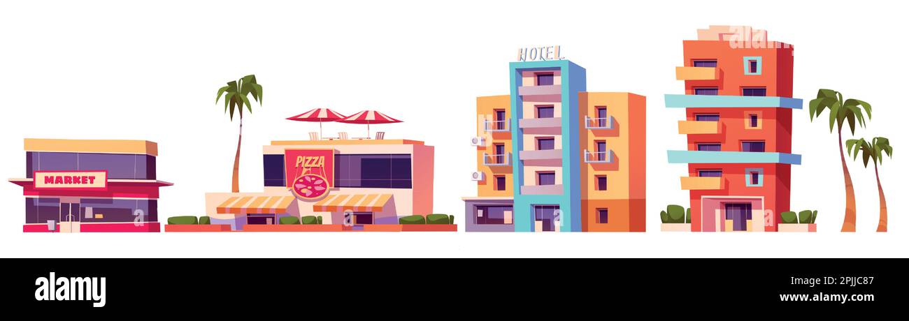 Miami City Street hotel ed edifici del resort. Isolato edificio cittadina in architettura Florida con motel, caffè e set mercato. Tropicale California business appartamento esterno collezione clipart Illustrazione Vettoriale