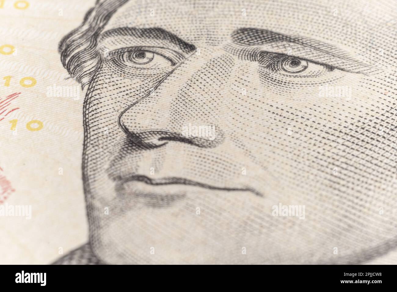 dieci dollari di fattura closeup. macro frammento. Ritratto del presidente Alexander Hamilton Foto Stock