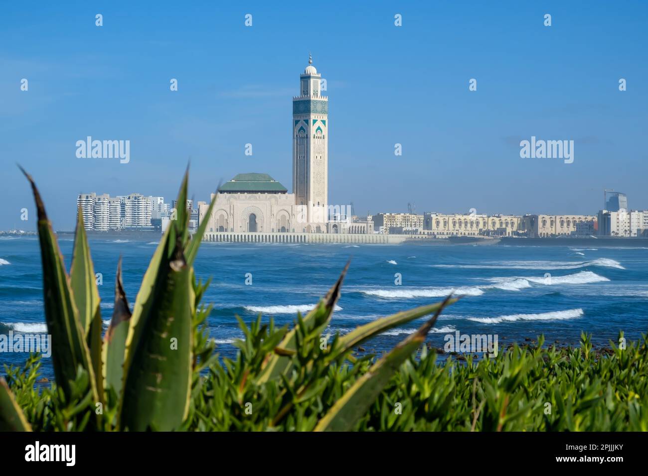 Vista della bellissima moschea Hassan II e della città di Casablanca in Marocco Foto Stock