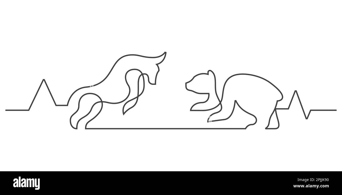 borsa mercato bull and bear concetto in disegno a linea continua vettore stile illustrazione Illustrazione Vettoriale