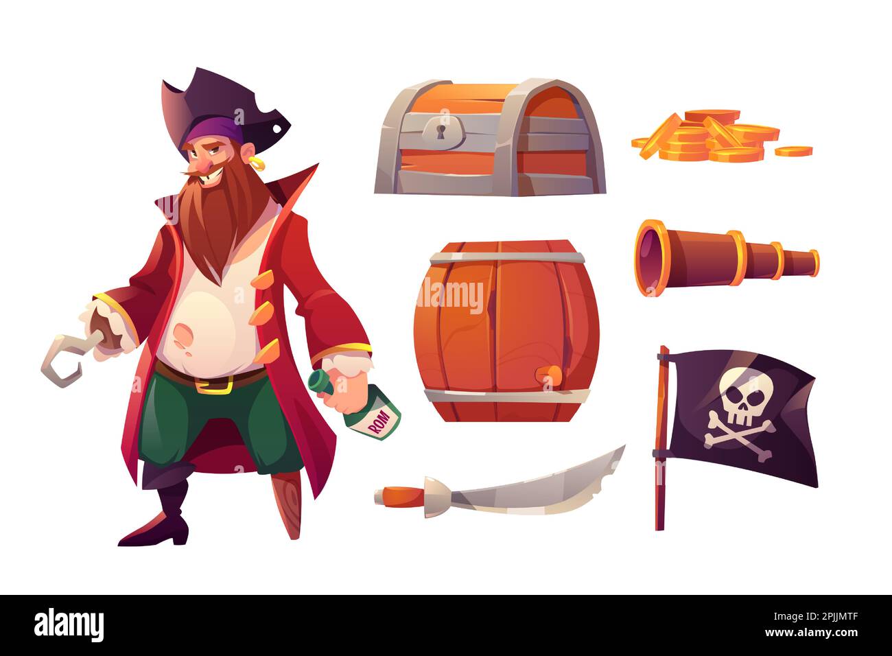 Set vettoriale icone di pirata, scatola del tesoro, monete d'oro, barile e bandiera nera con cranio e crossbone per nave. Cartoon corsair con gancio e piede di legno con bottiglia di rum, arma e spyglass Illustrazione Vettoriale