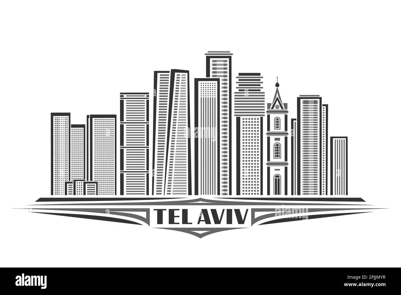 Illustrazione vettoriale di Tel Aviv, carta orizzontale monocromatica con design lineare famoso paesaggio urbano di israele, linea urbana nera arte concetto con unico brus Illustrazione Vettoriale
