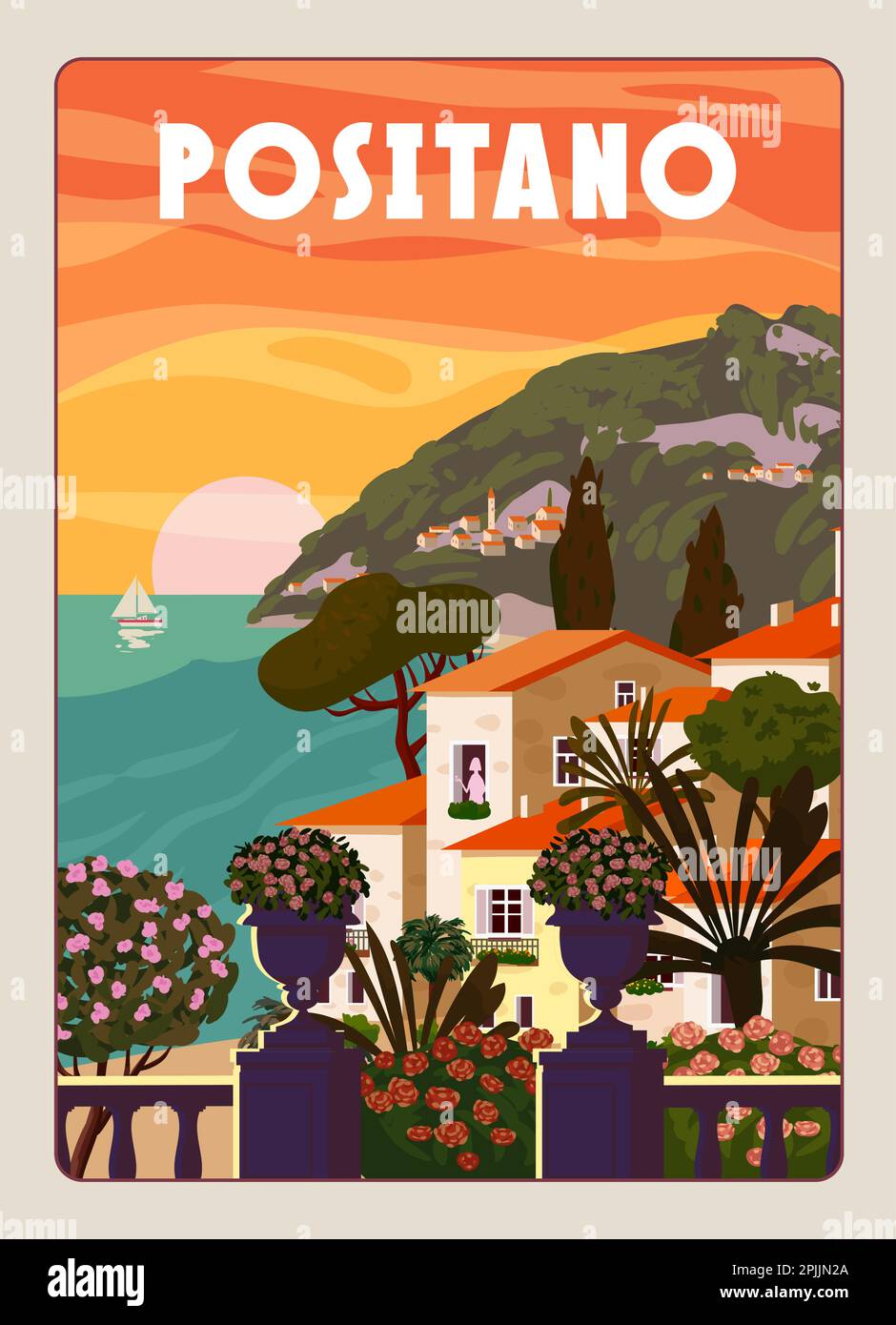Positano Costa Italia, paesaggio romantico mediterraneo, montagne, mare, mare. Viaggio con poster retrò Illustrazione Vettoriale