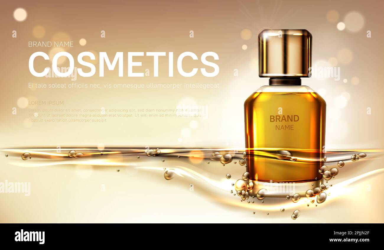 Bottiglia di profumo d'olio con liquido d'oro su fondo frizzante sfocato. Modello con contenitore in vetro profumato. Donna fragranza prodotto cosmetico, promo poster annuncio. Immagine vettoriale 3D realistica, banner Illustrazione Vettoriale