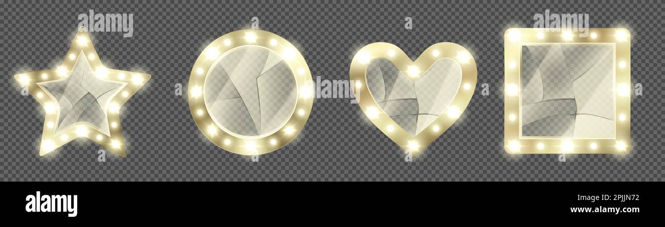 Specchi per il trucco rotti in cornice dorata con lampadine. Specchi a forma di stella, di cuore e di cerchio realistici da vettore per spogliatoio con vetro incrinato isolato su sfondo trasparente Illustrazione Vettoriale