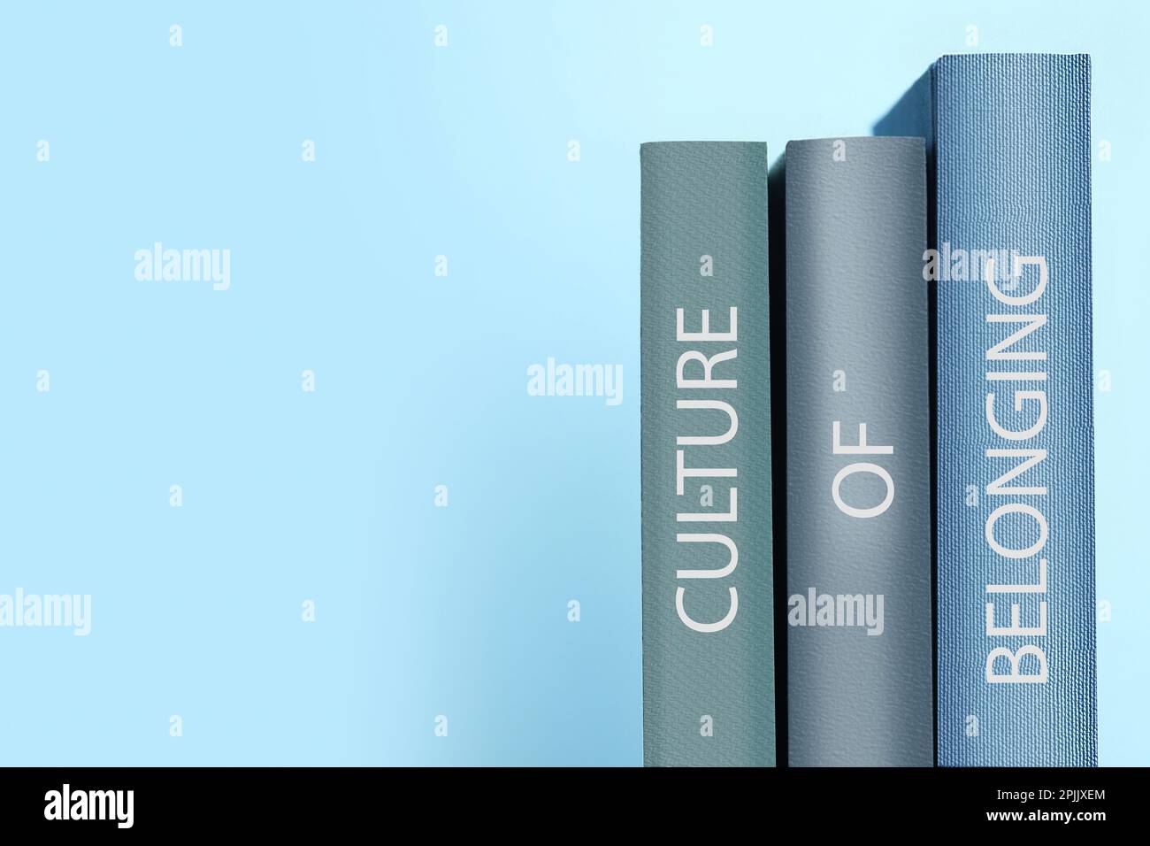 Libri con frase Cultura di appartenenza su sfondo azzurro, spazio per il testo Foto Stock