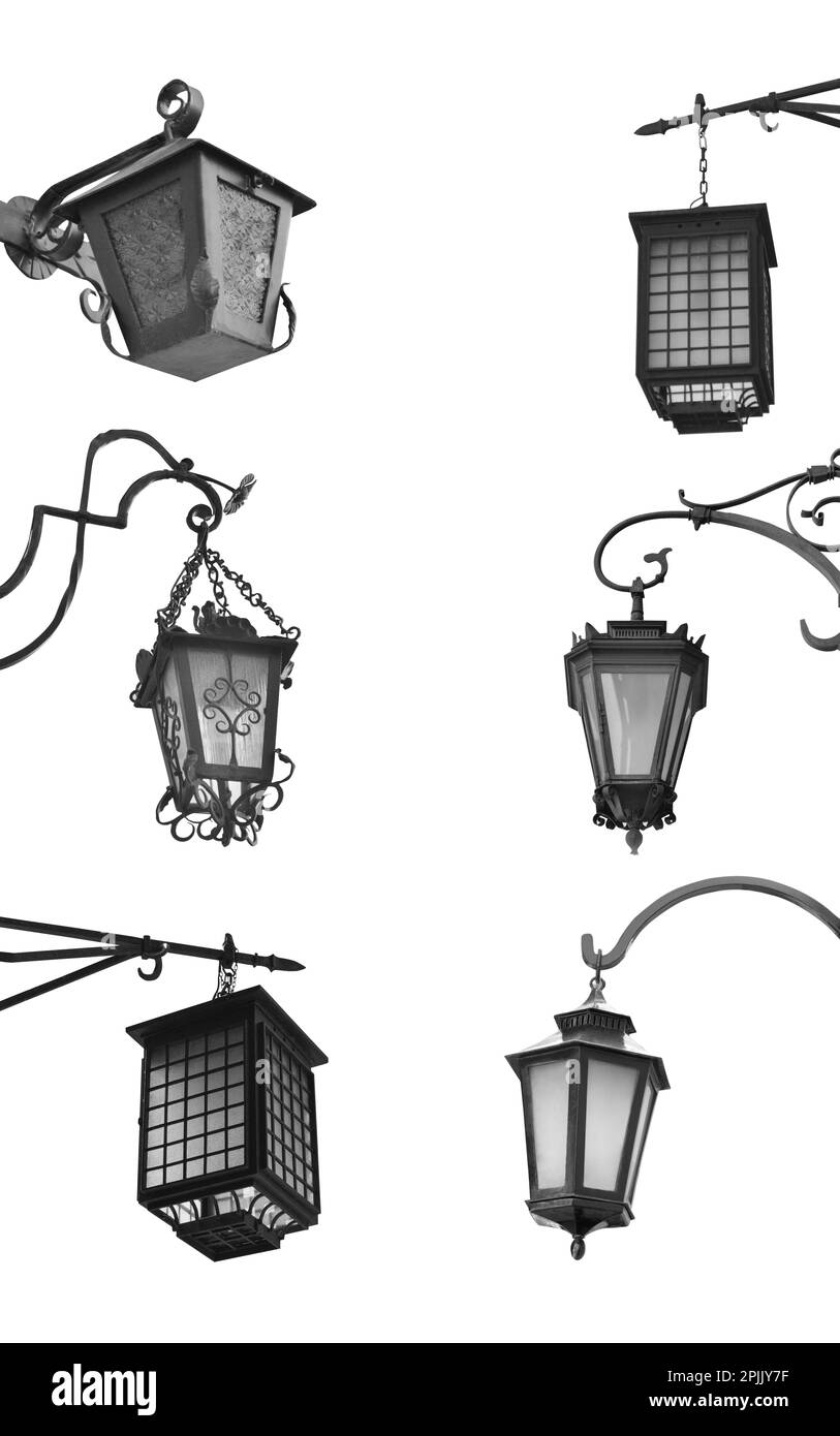 Splendide lampade da strada in stile retrò su sfondo bianco, collage Foto Stock